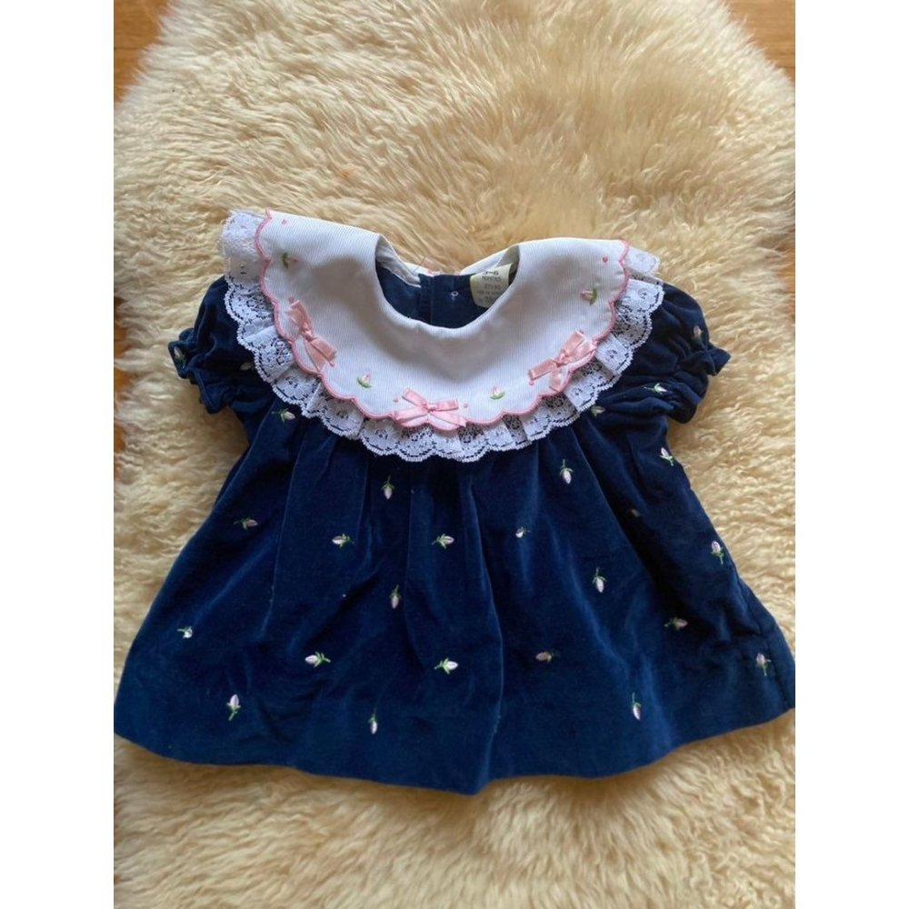 Vintage Big Collar Velvet Baby Dress Rosebud Embroidery  3-6M